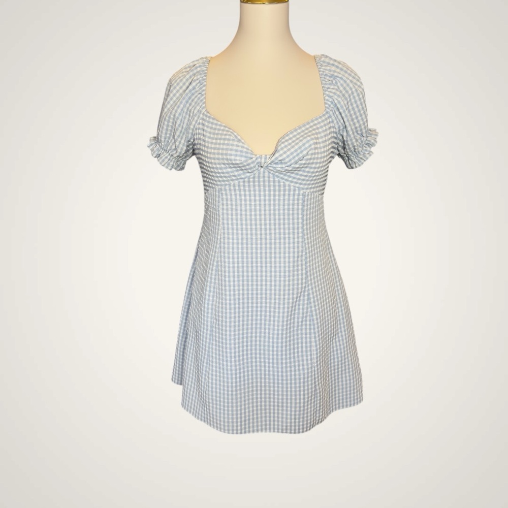 Princess Polly Light Blue Gingham Puff-Sleeve Mini Dress